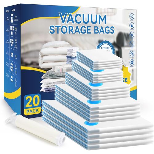 KYAOAYO-Lot De 20 Sacs De Rangement Sous Vide (4 Jumbo/4 Grand/4 Moyens/4 Petits/4 Rouleaux M) Sacs De Rangement Sous Vide Avec Pompe À Main Pour Couettes, Couvertures, Literie, Oreillers Et Vêtement