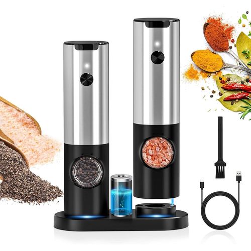 KYAOAYO-Moulin A Poivre Electrique Avec Double Base De Charge Poivrier, Petite , Lumière Led, Grossièreté Réglable, Salieres Et Poivrieres Automatique Moulin Sel Poivre, 2 Pièces