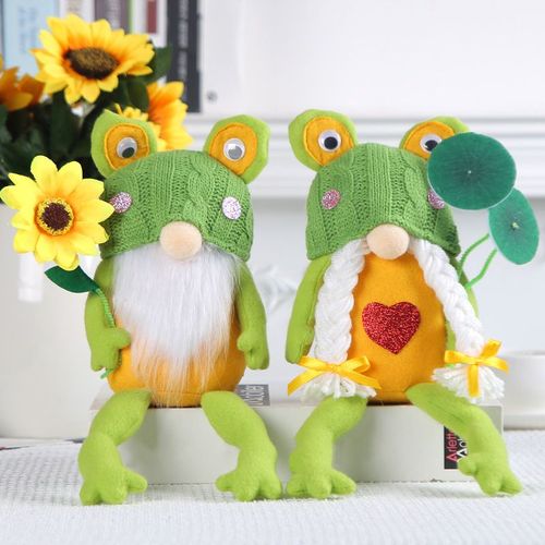 2pcs-Mignon Rudolph la Grenouille Figurine D¿¿coration de bureau Bonnet de tricot Poup¿¿e Gnome sans visage