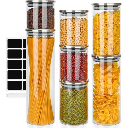 Kyaoayo-7pcs Bocal En Verre Avec Couvercle, Couvercle En Inox Bocaux Verre Rangement Cuisine,Bocaux Rangement Cuisine Hermétique(1300ml,700ml,400ml,1000ml,450ml,2 * 550ml)
