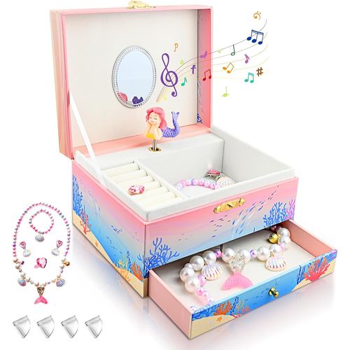 KYAOAYO-Sirène Boîte À Bijoux Fille, Boite Musique Enfant Avec Miroir, Boîte À Musique Avec 4 Parure De Bijoux Et Protege Angle, Sirene Cadeau D'Anniversaire Pour 3-10 Ans