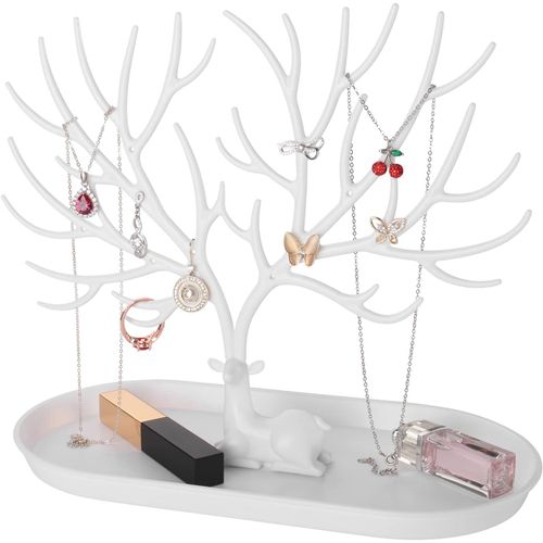Kyaoayo-Porte Bijoux, 2 En 1 Support Arbre Bijoux & Plateau À Bijoux En Plastique, Présentoir À Bijoux Pour Boucles D'oreilles, Colliers, Bracelets, Montres Et Bagues (Blanc)