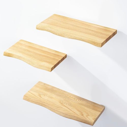 Kyaoayo-Manufaktur 3 Étagères Murale En Bois Avec Fixation Invisible 42/36/30cm Etagère Murale En 100% Bois Massif Etagère Murale Pour Salon Set 1 Étagères Bord Irrégulier Couleur Naturel