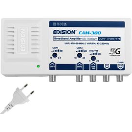 KYAOAYO-Cam-300 Amplificateur Antenne Tv Tnt Centrale Multibande, 2Uhf, 1Vhf/Fm, 18-34Db Réglable, 115Dbmv, Pour Numérique Terrestre Dvb-T/T2, Avec Filtre 5G Lte, Uhf 470-694Mhz, Vhf/Fm 47-230Mhz