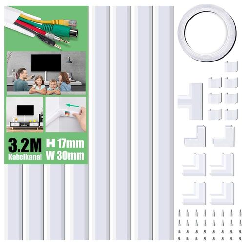 KYAOAYO-Goulotte Passe-Câbles, 3,2M Kit De Goulotte De Câbles, Cache Câbles Tv Mural, Kit De Gestion Des Câbles Pour La Maison Et Le Bureau - 8X L400Mm, L30Mm H17Mm, Blanc