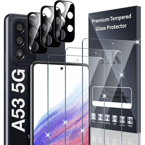 3+3 Verre Tremp¿¿ Compatible Avec Samsung Galaxy A53 5g Anti -Rayures Et Sans Bulles D'air,3pcs Film Protection Ecran Et 3pcs Cam¿¿Ra Arri¿¿Re Protecteur Avec Cadre D'installation(Hd Et 9h Duret¿¿)