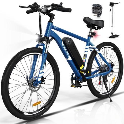 Hitway Vélo Électrique 26" Bleu, Vae Avec Batterie Amovible 36v/12ah, Shimano 7-Vitesses, Vtt Ville E-Bike