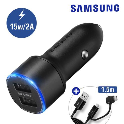 15w - Chargeur Voiture Original Adaptateur Double USB Prise Allume Cigare Fast Charge Rapide + Câble Micro-USB et USB-C 1.5m Origine Officiel Pour Samsung Galaxy S6 S7 S8 S9 S10 Note 4 A10 A13 A14 ¿