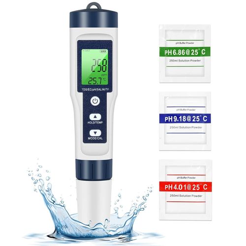 PH TDS m¿¿tre, testeur de qualit¿¿ de l'eau 5 en 1 PH/TDS/EC/sel/temp¿¿rature TDS m¿¿tre LCD r¿¿tro-¿¿clairage vert pour piscine/aquarium/¿¿tang