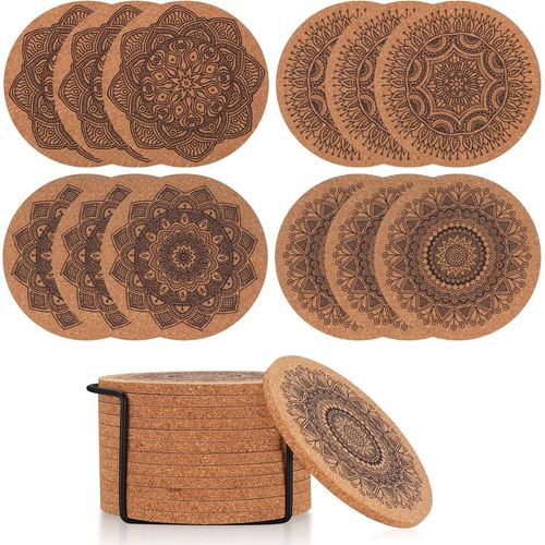 12 Pi¿¿Ces Dessous De Verre En Li¿¿Ge Rond, Boisson Dessous Sous-Verres En Li¿¿Ge, R¿¿Utilisable Tapis De Tasse Mandala En Bois Pour Maison, Bureau, Bar Et Restaurant