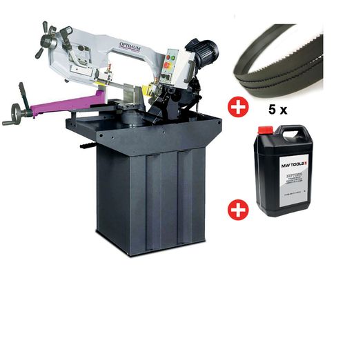 Scie à ruban pour métaux 0-60° capacité ronde 225 mm 1,5 kW 230V vitesses variables inclus 5 lames de scie et bidon de 5L Optisaw S275NV PACK 1