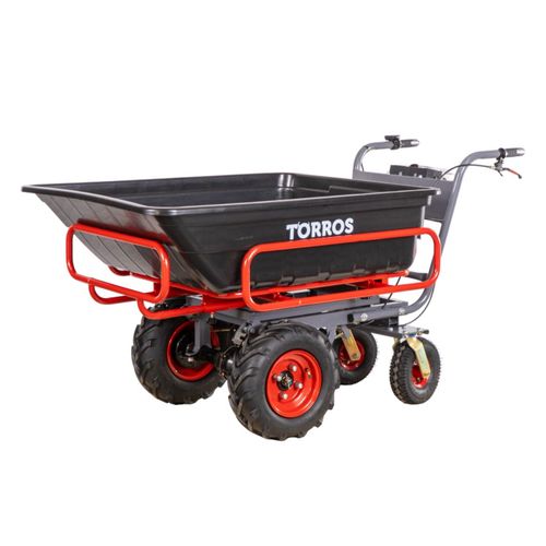 Brouette électrique 4 roues à châssis tubulaire extensible et amovible + benne plastique 300L 300KG - batterie 40V / 6Ah Torros EP300P