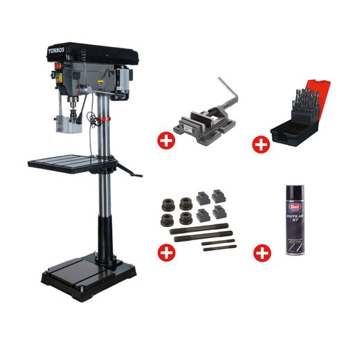 Perceuse à colonne professionnelle jusque ø 30 mm CM3 1,5 kW 400V + étau de perçage jeu de boulons jeu mêches aérosol Torros DF30T PACK