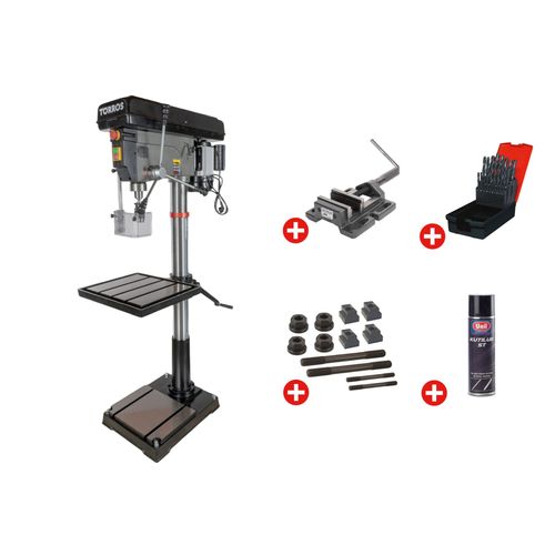 Perceuse à colonne professionnelle jusque ø 30 mm CM3 1,5 kW 230V + étau de perçage jeu de boulons jeu mêches aérosol Torros DF30M PACK