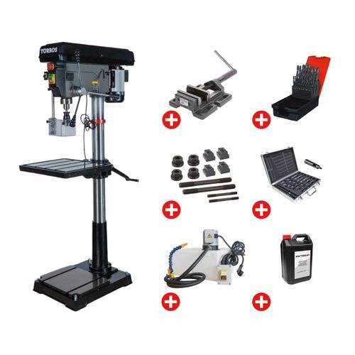 Perceuse à colonne professionnelle jusque ø 32 mm CM4 1,5 kW 400V + accessoires indispensables et unité d'arrosage Torros DF34T PACK PRO