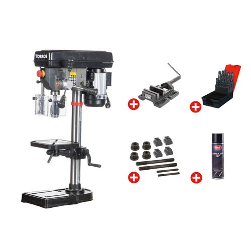 Perceuse d'établi jusque ø 16 mm raccord CM2 400W 230V 5 vitesses + étau de perçage jeu de boulons jeu mêches aérosol Torros DT16M PACK