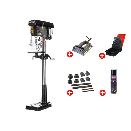 Perceuse à colonne professionnelle jusque ø 20 mm CM2 600W 230V + étau de perçage jeu de boulons jeu mêches aérosol Torros DF20M PACK
