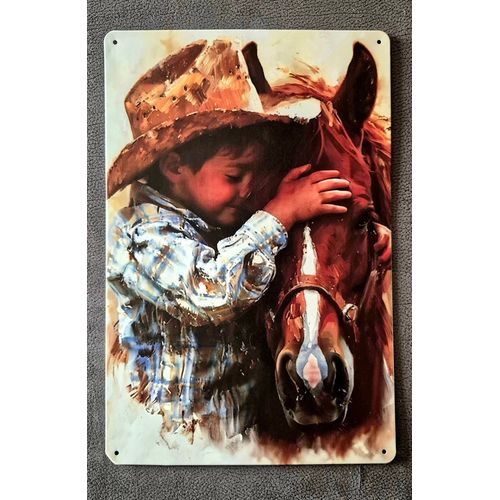 Plaque métallique décorative Petit Cowboy et Cheval
