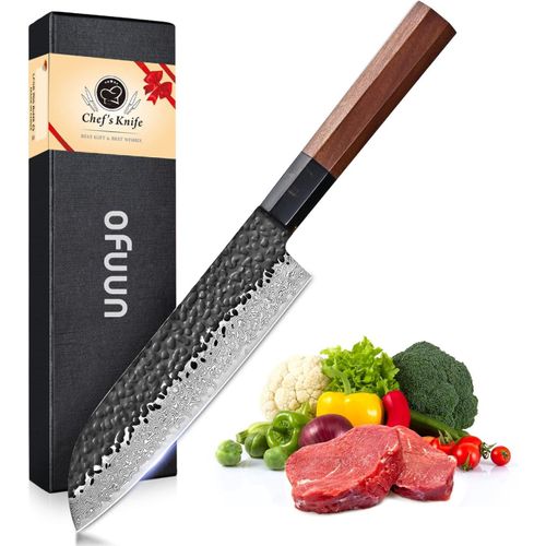 Kyaoayo-Santoku Japonais Damas 18cm, Couteau De Cuisine Professionnel En Acier Vg10 À Haute Teneur En Carbone, Manche En Bois De Rose Avec Coffret Cadeau