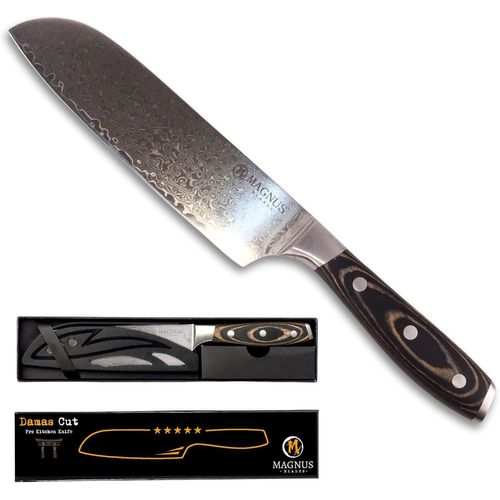 Kyaoayo-Damas Cut - Couteau De Chef Santoku - Véritable Lame Damas 18 Cm Ultra Tranchante - Manche Bois Recyclé - Soie Pleine - Très Confortable - Polyvalent - Avec Etui De Protection - Cadeau Fête D