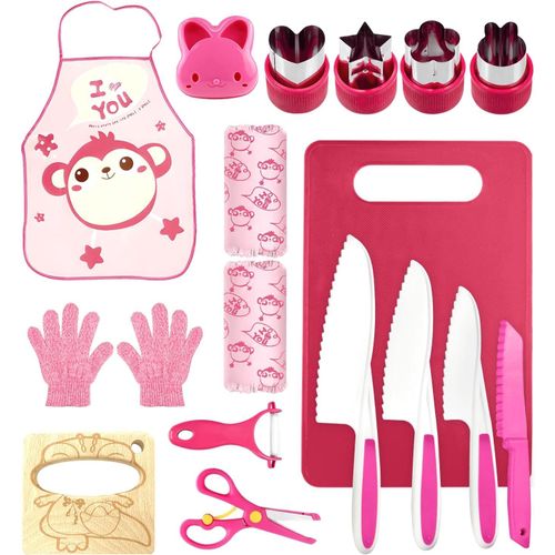 KYAOAYO-Kit Couteaux Sécurité De Cuisine Pour Enfants - 16 Pièces Couteau Montessori Enfants Pour Couper Et Cuire Des Fruits Ou Légumes | Couteaux Enfant Qui Ne Coupe Pas, À Partir De 2 Ans (Rose)
