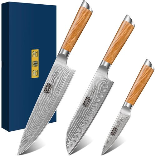 Kyaoayo-Ensemble De Couteaux De Cuisine Damas - Professionnel 67 Couches Acier Chef 20cm, Santoku 18cm, Fruit 9.5cm