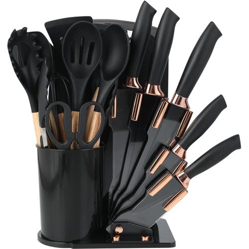 Kyaoayo-Lot De 19 Couteaux De Cuisine En Silicone Avec 12 Ustensiles De Cuisine, 5 Couteaux, Planche À Découper Et Support, Passe Au Lave-Vaisselle (Noir)