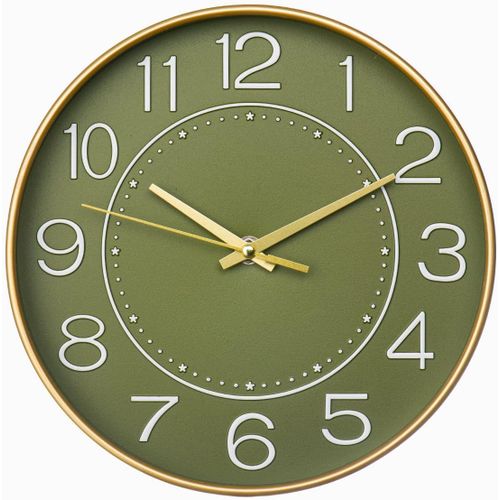 Horloge Murale Ronde silencieuse de 25,4 cm sans tic-tac pour Salon, Cuisine, Bureau (Vert doré)