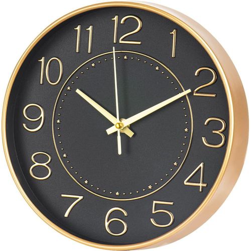 Horloge Murale Ronde silencieuse de 25,4 cm sans tic-tac pour Salon, Cuisine, Bureau (Noir doré)