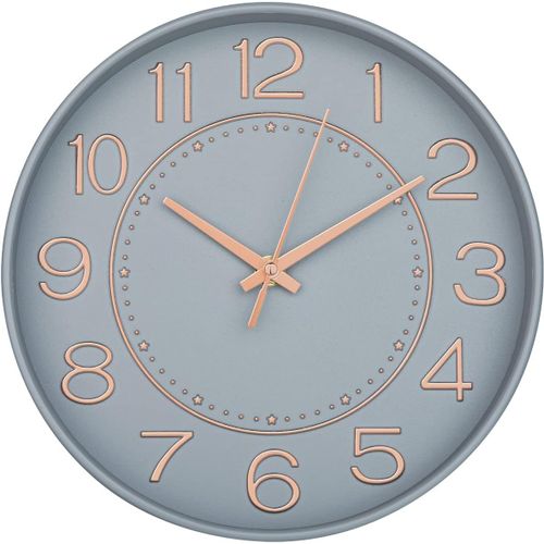 Horloge Murale Ronde silencieuse de 25,4 cm sans tic-tac pour Salon, Cuisine, Bureau (Gris doré)