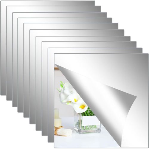 10 Pièces Miroir Adhesif Mural 20x20cm,Acrylique Miroir Autocollant adhésif Carrés Flexible, Decoration Grand Miroir Mural Collant pour Salle de Bain, Sport Salon, Chambre
