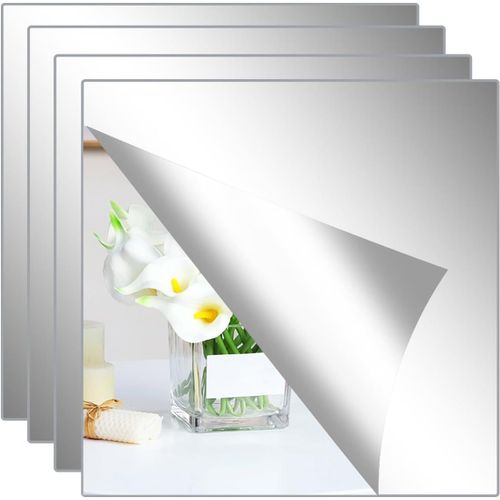 4 Pièces Miroir Adhesif Mural 20x20cm,Acrylique Miroir Autocollant adhésif Carrés Flexible, Decoration Grand Miroir Mural Collant pour Salle de Bain, Sport Salon, Chambre