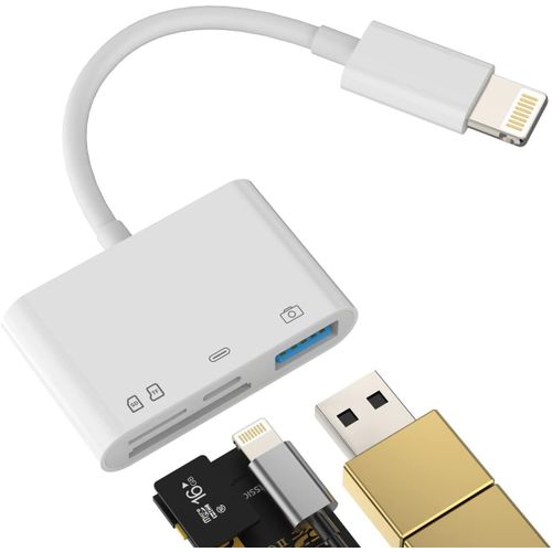Adaptateur Lecteur Carte SD(4en1) iPhone Micro SD USB Lightning Mémoire Externes Accessoire Chargeur Jack Caméra SD Card Reader OTG Connecteur pour Apple 14 13 12 11 Pro Max 7 8 Plus Mini X Ipad Air