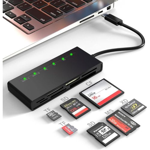 Lecteur de Cartes USB C, SD/TF/CF/XD/MS Type-C 5 GPS Haute Vitesse 7 en 1 XD pour Carte SDXC SDHC TF Micro SD CF MS MMC, Adaptateur Sony Memory Stick Pro Duo lit 5 Cartes simultanément