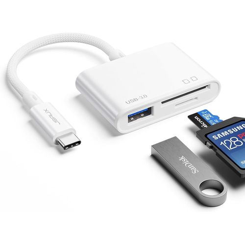 Lecteur de carte mémoire USB C SD avec port USB 3.0 3 en 1 USB C vers Micro SD | SD, Micro SD compatible avec iPhone 16/ Pro Max/Pro/Plus, iPad Pro, MacBook Pro/Air, Galaxy S8 vers S24 blanc