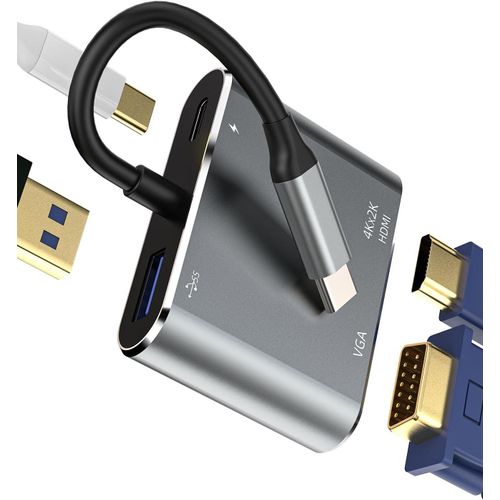 Adaptateur USB C vers HDMI VGA Thunderbolt 4 USB 3.0 Hub(4en1) Chargeur Jack Apple iPhone 15 Pro Max Plus iPad Pro Air Macbook M2 Stations d'accueil Ordinateur Portable Compatible pour Samsung Huawei