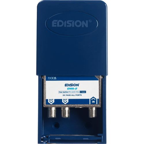 OMS-2 Répartiteur de mât d'extérieur d'antenne 2 sorties, compatible avec la Antenne TNT, Satellite, Câble, Radio, Unicable, connecteurs F, Fréquence 5-2400Mhz, Passe DC, Splitter 2 voies