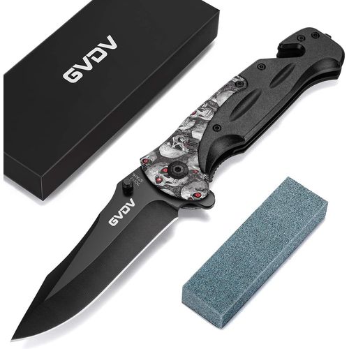 Couteau Pliant De Survie Avec Brise Vitre - Couteau De Poche En Acier Inoxydable 7cr17, Couteau De Chasse Pliable Avec Lame Revêtue De Titane, Blocage De Sécurité, Boucle De Ceinture, Noir