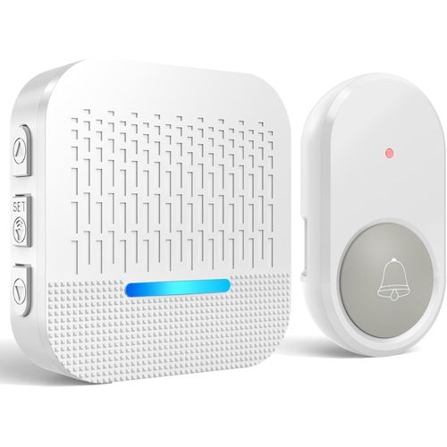 Sonnette sans Fil Exterieur Etanche Carillon Sonnette avec Batterie 300m Distance Émetteur Extérieur et Récepteur Intérieur 55 Sonneries Incluant Noël 5 Volumes au LED Bleu, Blanc