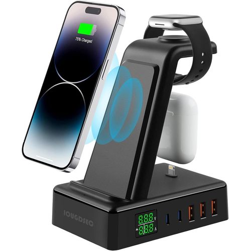 Chargeur Sans Fil 8 En 1 Avec Écran Lcd, Support De Charge Magnétique Sans Fil Avec 2 Chargeurs Sans Fil Et 6 Ports Usb, Station De Charge Rapide Sans Fil Qi Compatible Avec Iphone, Iwatch