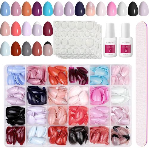 24 Packs (576 Pcs) Gel Amande Faux Ongles Kit Court,Paillette Uni Press On Nails Avec Patch,Ovale Faux Ongle Avec Colle Pour Femme Et Ado,Almond Faux Ongles À Coller Nail Art 