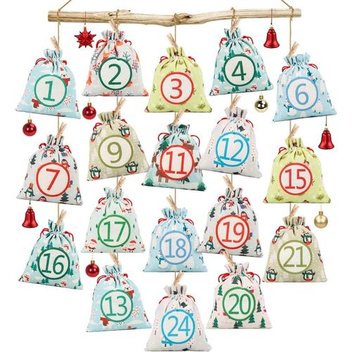 Calendrier de l'Avent, DIY 24 Sac en Tissu de Calendrier de l'avent de Noël, Pochettes Sacs à Cordon Calendrier De l'Avent, Sacs Surprise Noël Sachets de Confiserie Calendriers de Noël(Dessin Animé)