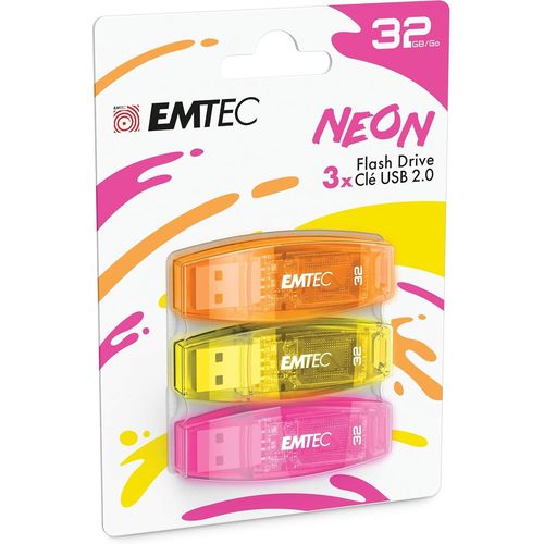Clé USB 2.0 C410 , Mémoire Flash Drive De 32Gb, Lecture 5Mb/S, Écriture 15Mb/S, Compatible USB 2.0, USB 3.0, Transparentes Néon Fluo Avec Capuchon , Pack De 3