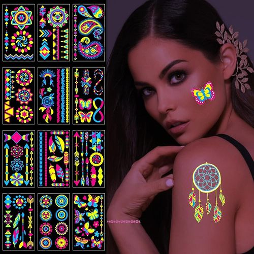 10 Feuilles De Peintures Pour Le Visage Au Néon Brillent Dans L'obscurité Tatouages Temporaires Pour Enfants Femmes Accessoires De Festival De Flitter De Visage Fournitures De Fête Au Néon Accessoires Rave Henné