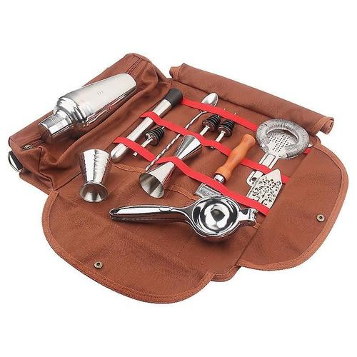 Sac de barman Kit de barman de voyage sac avec bandoulière ensemble de vaisselle de bar portable sac à roulettes pour le stockage voyage camping pique-nique fêtes préparation de cocktails marron