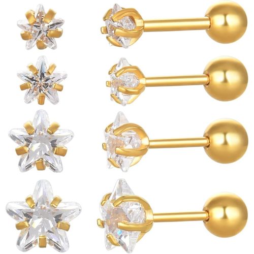 Lot De 4 Paires De Boucles D'oreilles À Tige En Acier Inoxydable Chirurgical Plaqué Or 18 Carats Avec Oxyde De Zirconium 3-6 Mm