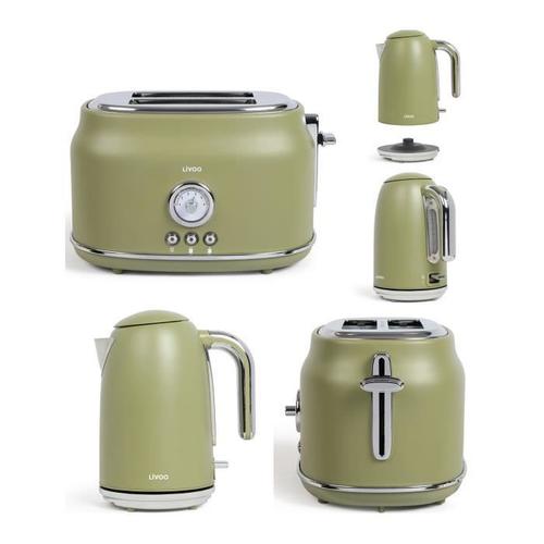 BOUILLOIRE 1L7 RETRO 2200W + GRILL PAIN DESIGN RETRO VINTAGE 815W Vert Opale 2 Emplacements Thermostat réglable 6 Fonctions