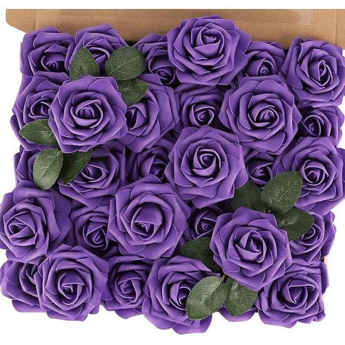 Roses De Fleurs Artificielles, 25 Pièces De Roses En Mousse Au Toucher Réel Avec Tiges Pour Bouquets De Mariée De Mariage, Arrangement De Fleurs À Faire Soi-Même, Fête, Baby Shower, Centre De Table Violet