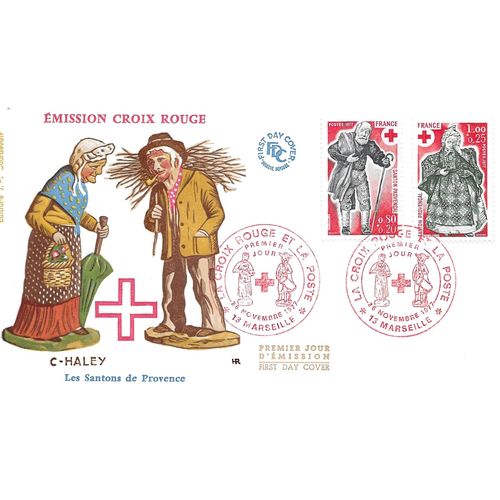 France 1977, Très Belle Enveloppe 1er Jour État Neuf, Timbres Yvert 1959 Et 1960, Au Profit De La Croix Rouge, Santons De Provence, Belle Illustration Couleur Relief De C. Haley, Cachet De Marseille.