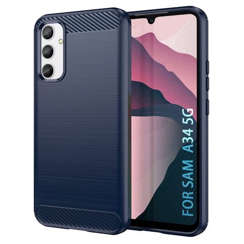Coque Pour Samsung Galaxy A34 5g - Housse Etui Silicone Gel Carbone + Verre Trempe - Bleu Fonce